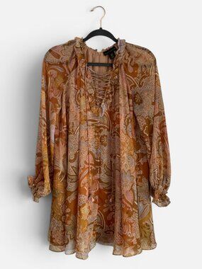 House of Harlow 1960 Paisley Chiffon Lace Up Boho Mini Dress XS